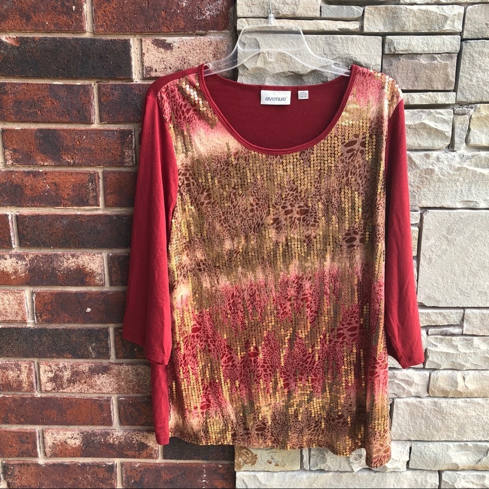 Avenue Burgundy Leopard Top Gold Sequins Wom 14/16 - Picture 1 of 3